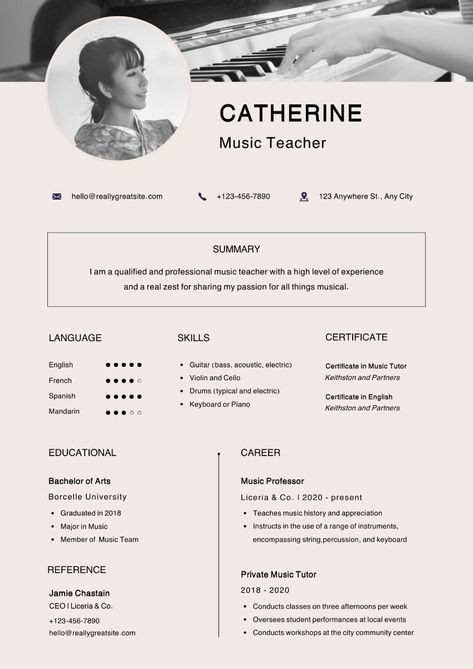 resume template for teachers Cv Creative, Teacher Cv, Resignation Letters, Resume Summary, Create A Resume, Music Teachers, Professional Resume Template, Perfect Resume, Resume Builder