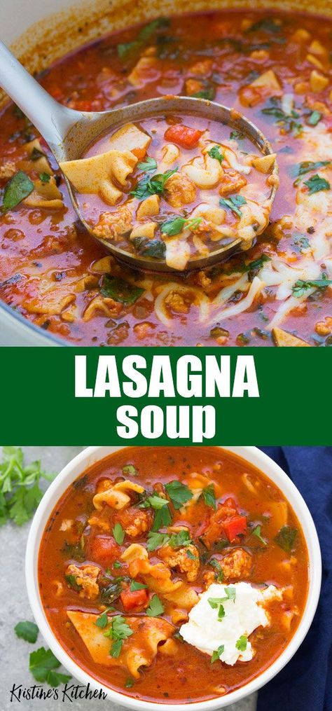 Easy one pot Lasagna Soup Recipe. This healthy lasagna soup is made with healthy ingredients, including ground turkey, whole wheat noodles and spinach. It's a delicious family-friendly dinner! #souprecipes #lasagna #onepot Healthy Lasagna Soup, Turkey Whole, Dinner Lasagna, One Pot Lasagna Soup, One Pot Lasagna, Soup And Salad Combo, Easy Lasagna Soup, Whole Wheat Noodles, Ground Turkey Soup