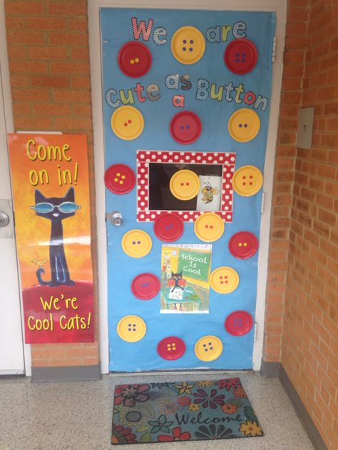 Pete the Cat door decoration. We are cute as a button. I will add pictures of the kid's faces when they come to school next week! I'm ready! Door Decoration Ideas, Door Name, Add Pictures, The Cat In The Hat, Cute As A Button, Pete The Cat, Cat Door, Cat In The Hat, Classroom Door