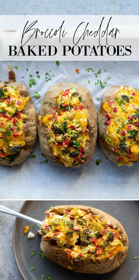 Filled with a rich broccoli cheddar topping and lots of fluffy potato, these broccoli cheddar baked potatoes are the easiest side dish! Jacket Potato Fillings Vegetarian, Vegan Jacket Potato Filling, Pregnant Vegan, Potatoe Recipe, Bake Potato, Broccoli Cheese Bake, Broccoli And Cheddar, Potatoes Easy, Cheddar Potatoes