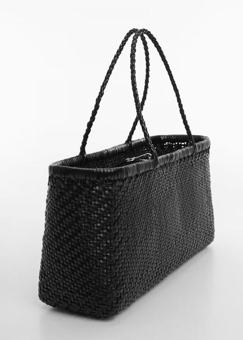 Leather shopper bag - Woman | Mango Cyprus (Euros) Cheap Elegant Zara Shoulder Bag, Braided Bag, Black Basket, Leather Shopper Bag, Wooden Bag, Mango Fashion, Lattice Design, Leather Weaving, Black Leather Handbags