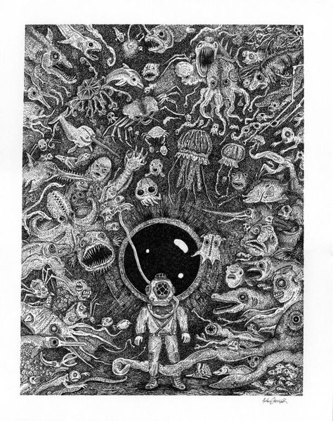 Thalassophobia (Fear of the sea) Pen drawing — Steemit Zee Tattoo, Ocean Monsters, Deep Drawing, Sea Tattoo, Heaven Art, Deep Sea Creatures, Underwater Art, Creature Drawings, Sea Monsters