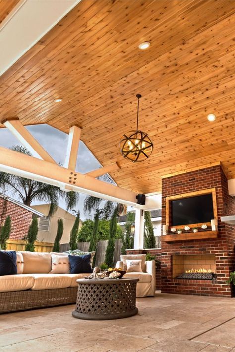 Barn Wood Ceiling, Red Brick Fireplaces, Backyard Seating Area, Outdoor Pool Area, Beach Hacks For Adults, Outdoor Kitchen Plans, Pool Cabana, Outdoor Living Rooms, Patio Cover