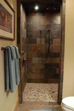 Rustic Shower Tile, Small Shower Remodel, Slate Wall, Remodel Basement, Floor Designs, Rustic Shower, Shower Floor Tile, Rustic Bathroom Designs, Bathroom Small