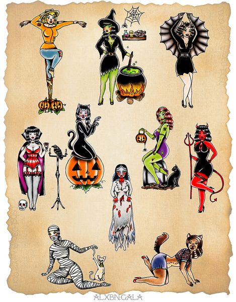 Pinup Tattoo Halloween, Salem Witch Tattoo Ideas, Halloween Pin Up Tattoo, Horror Pinup Tattoo, Spooky Pinup Tattoo, Traditional Tattoo Halloween, Dibujos Pin Up, Halloween Pin Up, Halloween Flash