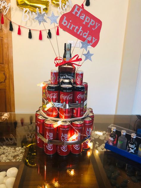 Alcoholic Gifts, Beer Cake Tower, Bedazzled Liquor Bottles, Coke Cake, Birthday Beer Cake, Liquor Cake, Jack And Coke, Cake Tower, Bottle Cake