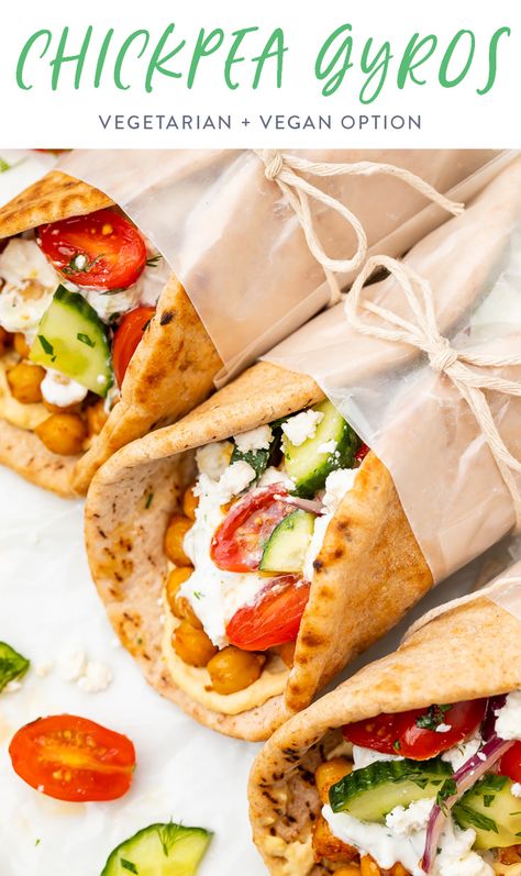 These chickpea gyros are an unbelievably good vegetarian version of the Mediterranean classic. Spiced chickpeas stuffed in soft pita with a delicious tzatziki sauce, fresh tomato, & cucumbers. Made in about 30 min. Vegan option. #gyro #vegetarian #greek Gyro Vegetarian, Chickpea Gyros, Spiced Chickpeas, Tzatziki Sauce, Vegan Alternatives, Vegan Options, Fresh Veggies, Good Healthy Recipes, Chickpeas