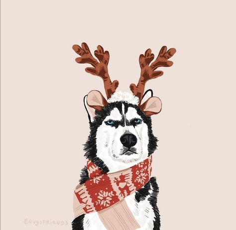 Christmas Husky Wallpaper, Dog Christmas Illustration, Christmas Dog Art, Dog Christmas Drawing, Dog Christmas Wallpaper, Christmas Dog Drawing, Husky Christmas, Dog Business, Puppy Art