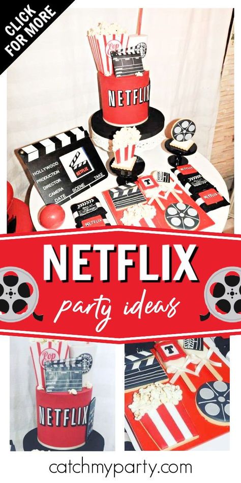 Netflix Decorations Party, Netflix Party Theme, Netflix Theme Party Decorations, Netflix Party Decorations, Netflix Birthday Party Ideas, Netflix Themed Party, Netflix Theme, Netflix Party, Movie Theme Birthday Party