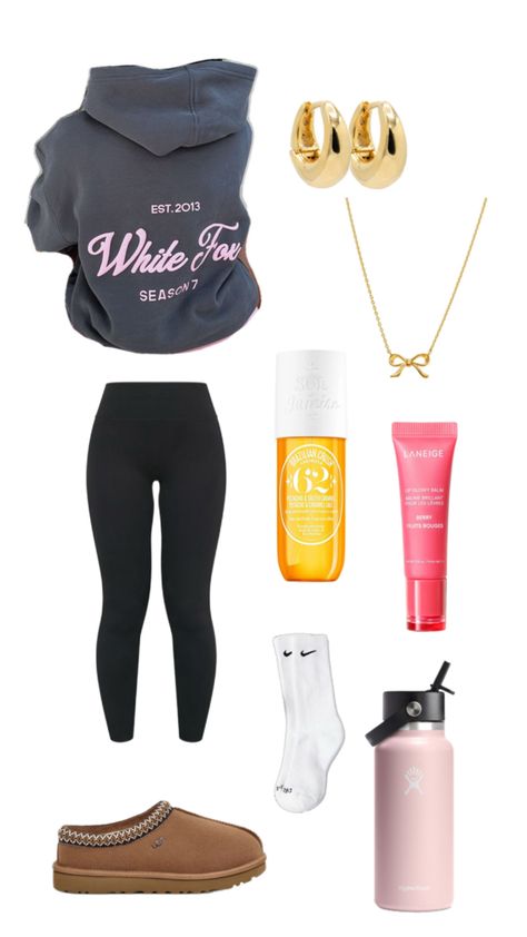 Lululemon Align Leggings, Hydroflask Water bottle Trillium, Gold Bow necklace, Nike socks, White Fox Hoodie, Gold Hoop Earrings, Laneige Lip Glowy Balm Berry, Sol De Janeiro 62, UGG Tasman Slippers Cozy Hoodie Outfit, White Fox Hoodie, Laneige Lip Glowy Balm, Hydroflask Water Bottle, Lip Glowy Balm, Outfit With Uggs, Tasman Slippers, Fox Hoodie, Laneige Lip