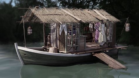 Swamp Village, Swamp Kingdom, Swamp Boat, Bayou House, Weird West, Post Apocalypse, Prop Design, House Boat, Surreal Art