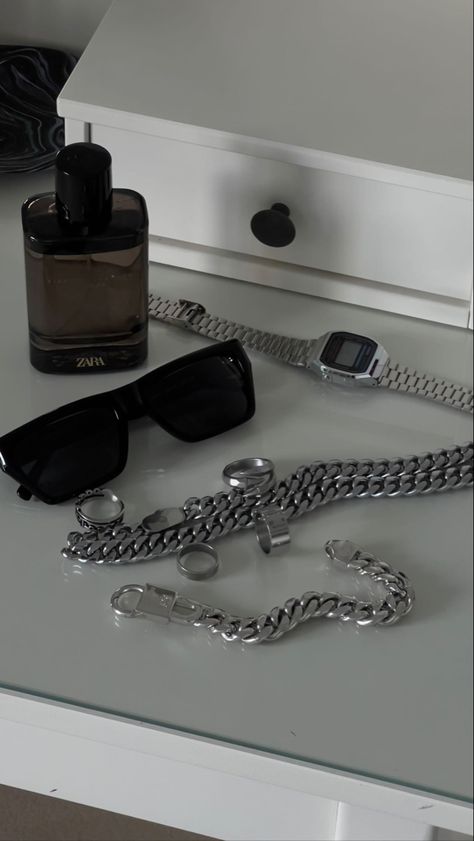 Accessories and jewellery essentials - silver wear - sunglasses - aftershave How To Wear Mens Jewelry, Mens Aftershave Aesthetic, Silver Accessories Men, Aesthetic Accessories Men, Men’s Jewellery, Men Accessories Aesthetic, Jewellery Essentials, Men Essentials, Male Accessories