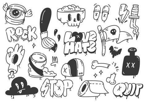 Premium Vector | Set of hand drawn graffiti doodle vector illustration Graffiti Doodles Easy Step By Step, Cute Graffiti Doodles, Graffiti Characters Drawings, Graffiti Shapes, Cool Graffiti Art, Graffiti Elements, Graffiti Art Drawings, Doodle Graffiti, Easy Graffiti