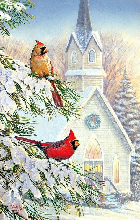 Cardinal Couple, Watercolor Christmas Cards Diy, Cardinal Painting, Female Cardinal, Country Church, Scene Art, Winter Painting, Cardinal Birds, Christmas Scenes