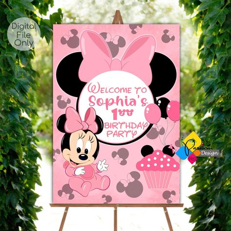 Printable MINNIE MOUSE First Birthday Welcome Board. Custom Minnie Mouse Pink Cake Welcome Sign. Digital Minnie Mouse Poster Party Decor https://etsy.me/3WHvmfe #birthday #minniemouse #minniemousepink #birthdayparty #minniemousesign #minniemouseboard #minniemouseparty Minnie Mouse Welcome Board, First Birthday Welcome Board, Minnie Mouse Poster, Birthday Welcome Board, 1 Year Birthday Party Ideas, Minnie Mouse First Birthday, Welcome Board, Birthday Party Design, Diy Embroidery Designs