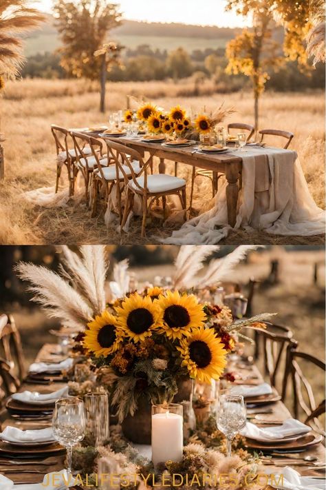 Sunflowers and Boho Vibes: The Perfect Fall Bridal Shower Theme - Ieva Lifestyle Blog Boho Wedding Sunflowers, Rust And Sunflower Wedding, Sunflower Eucalyptus Centerpiece, Sunflower Boho Decor, Sunflower Farm Wedding, Sunflower Theme Engagement Party, Summer Wedding Sunflowers, Wedding Sunflowers And Roses, Wedding Theme With Sunflowers