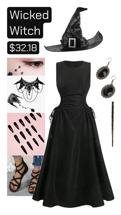 “Wicked Witch $32.18” Black dress, black hat, wand, black long nails, black jewelry, black star stamp/eyeliner Shein Wishlist, Long Black Nails, Black Witch Hat, Cast A Spell, Elegant Black Dress, Star And Moon, Moon Face, Wicked Witch, Come And See