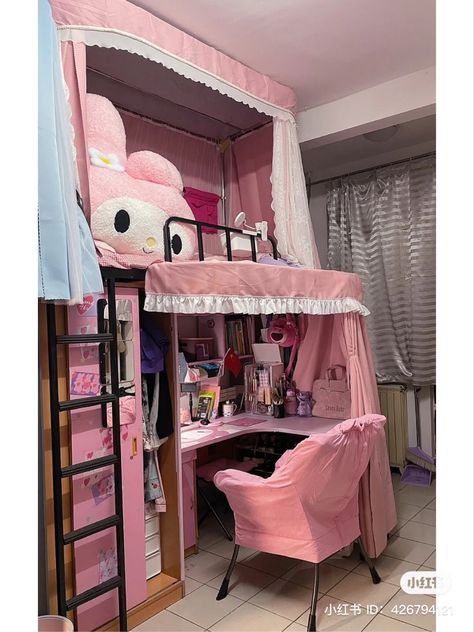 Loft Bed Corner Desk, Kawaii Room With Loft Bed, Kawaii Room Loft Bed, Loft Bed Kawaii, Kawaii Loft Bedroom, Kawaii Bunk Bed, Kawaii Loft Bed, Pink Loft Bed, Bunk Bed Rooms Ideas