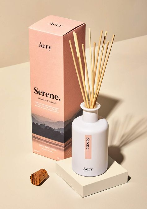 aery living serene reed diffuser and pink product packaging on a white background Diffuser Label Design, Reed Diffuser Photography, Reed Difusser, Diffuser Photography, Diffuser Packaging, Reed Diffuser Packaging, Nursery Bohemian, Lilin Aroma, Grunge Bedroom