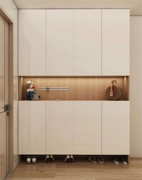 Minimal Shoe Cabinet, Build In Shoe Cabinet Entryway, Built In Shoe Cabinet, Japandi Storage, Foyer Unit, Corridor Storage, Cabinetry Living Room, Seamless Cabinets, Entrance Shoe Cabinet