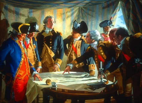 General Washington holding war council with the Continental and French officers- by John Pomeroy John Pomeroy, Revolution Art, Image King, European Aesthetic, American Colonies, Colonial America, The Continental, American Painting, American Presidents