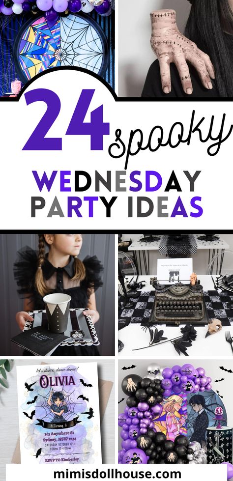 Dreadfully Perfect Ideas for a Wednesday themed party Want the perfect party idea for a teen? How about a haunting Halloween party theme? These Wednesday Addams party ideas are a great way to spook up your party plans! From black roses to black lace...these gothic party plans are sure to excite the teen girls in your life (and maybe the little ones too). #wednesdayparty #wednesdayaddams #wednesdaypartyideas #teenbirthday #halloween #nevermoreparty #nevermoreacadmey #nevermore Wednesdays Birthday Party, Wednesday Addams Birthday Food Ideas, Wednesday Birthday Party Centerpiece, Nevermore Academy Party Ideas, Wednesday Party Activities, Wednesday Addams Birthday Centerpieces, Wednesday Themed Birthday Party Games, Wednesday Adams Bday Party, Wednesday Addams Pool Party