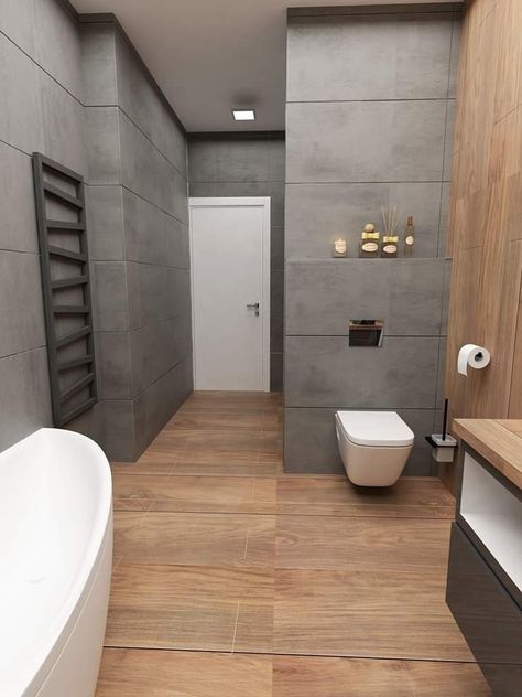 Gray Bathroom With Wood Accents, Wood Grey Bathroom, Grey And Oak Bathroom, Bathroom Grey And Wood, Bathroom Grey Wood, Wood Panel Bathroom, Bathroom Design Wood, Gray Bathroom Walls, Light Grey Bathrooms