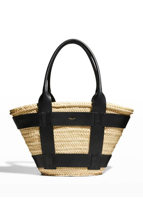 V5EZQ DeMellier Santorini Caged Raffia Tote Bag Raffia Tote Bag, Natural Baskets, Designer Totes, Woven Raffia, Leather Harness, Basket Bag, Monogrammed Items, Black Linen, Tote Bag Design