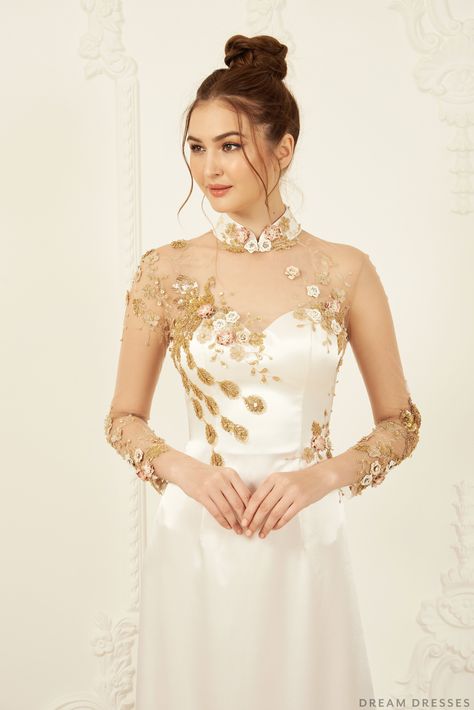 Embellished Ao Dai | Custom Made Vietnamese Bridal Dress (#ELVERA) | Dream Dresses by P.M.N. White And Gold Ball Gown, Gold And White Dress, Vietnamese Wedding Dress, Vietnamese Wedding, Wedding Dress Designers, Asian Wedding Dress, Qipao Dress, Dream Dresses, Gowns For Girls