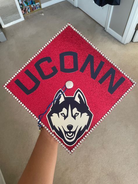 Uri Grad Cap, Graduation Cap College Logo, College Logo Graduation Cap, Uconn Graduation Cap, Uconn Grad Cap, Grad Cap Ideas College Logo, Grad Cap College Logo, Grad Cap Designs College, Rhinestone Graduation Cap