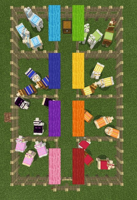 Llama farm - Colour sorted Minecraft Llama Carpet, Minecraft Llama Farm, Llama Enclosure Minecraft, Minecraft Llama Pen, Minecraft Llama, Llama Farm, Construction Minecraft, Minecraft Decoration, Minecraft Interior Design