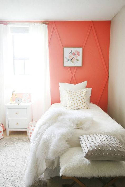 Coral Accent Wall Bedroom, Coral Accent Wall, Coral Bedroom Ideas, Coral Accent Walls, Coral Paint, Bedroom Makeover Before And After, Peach Bedroom, Beautiful Bungalow, Coral Room