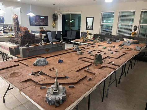 Mapit Materials - Created this massive table layout for a... Massive Table, Wh40k Terrain, Scenery Ideas, Gaming Tables, Wargaming Table, Sci Fi Miniatures, 40k Terrain, Table Layout, Warhammer Models