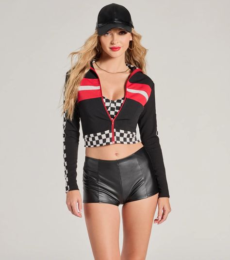 Showcase your need for speed in a racer costume this Halloween! This cropped jacket features a mock neckline, a zip-front closure, long fitted sleeves, and a striped and checkered print. Complete your costume with the cropped bustier, faux leather hot shorts, and sleek hoop earrings.Fit & FeaturesStretchy knit fabricStriped and checkered printMock necklineZip-front closureLong fitted sleevesCropped form-hugging fitRuns true to size F1 Racer Costume, Nascar Costume Women, Leather Pants Halloween Costume, Nascar Driver Halloween Costume, All Black Halloween Costume Women, Racecar Driver Halloween Costume, Racecar Driver Costume, Biker Babe Outfit, Race Car Driver Costume