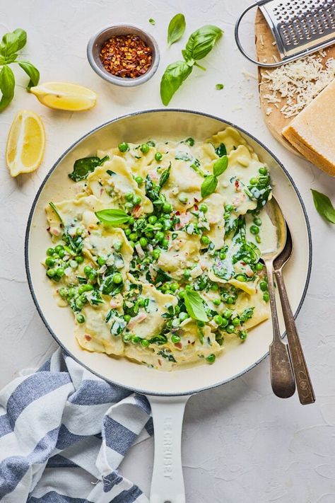 Creamy Lemon Ravioli {20 Minute Meal} - Two Peas & Their Pod Lemon Ravioli, Cream Sauce With Spinach, Healthy Spring Dinner, Ravioli With Spinach, Spring Dinner Ideas, Lemon Cream Sauce, Spinach Ravioli, Lemon Cream Sauces, Spring Veggies