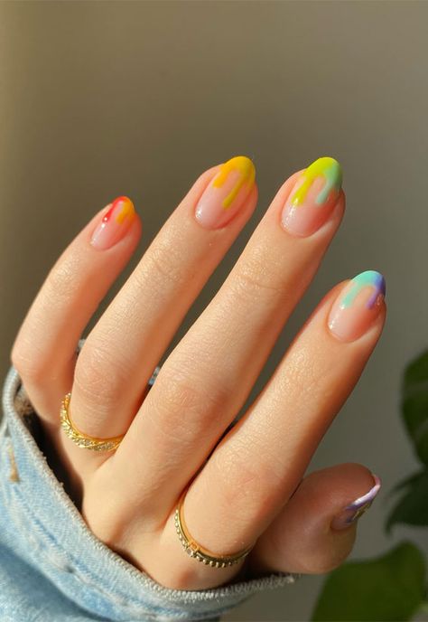 colorful nail ideas, almond nails, mix and match nails, rainbow nail color, nail art, creative nail art, summer nail designs, summer nail colors, acrylic nail ideas Color Block Nail Art, Mismatched Nails Summer, Coloured Tip Nails, Multi Coloured Nails, Colorful Nail Ideas, Mismatched Nail Art, Nail Ideas Almond, Nail Art Creative, Mix And Match Nails