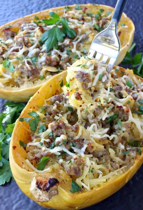 Sausage Spaghetti Squash, Sausage And Spaghetti Squash, Pesto Spaghetti Squash, Apple Cider Glaze, Squash Spaghetti, Squash Boats, Sausage Parmesan, Spaghetti Squash Casserole, Sausage Spaghetti