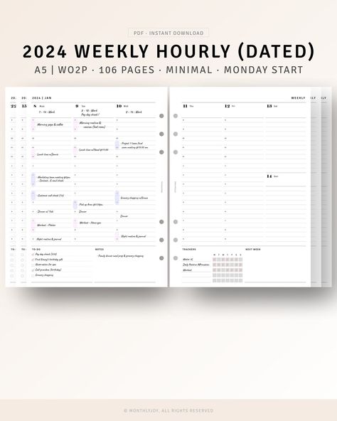 A5 Inserts, 2024 Weekly Planner Printable 2024 Dated Weekly Schedule Organizer, To do list, WO2P, Productivity Planner, Daily Hourly Planner freegoodnotesplanner #plannerdecorating🌌