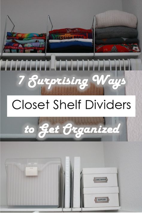 Closet Shelf Dividers Diy Hacks, Organizing Top Shelf In Closet, Upper Closet Shelf Organization, How To Organize Your Closet Shelves, Diy Shelf Dividers Closet, Shelf Divider Ideas, Closet Top Shelf Organization Ideas, Top Shelf Closet Organization Ideas, Closet Top Shelf Organization