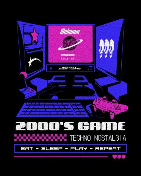 Y2k Gaming, Sports Illustrations Design, Cyberpunk Games, Design Kaos, Graphic Shirt Design, Nostalgic Design, Typography Illustration, T Shirt Design Template, Retro Typography