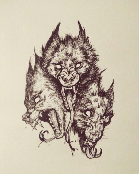 Cerebrus Tattoo 57 Hellhound Tattoo Design, Evil Dog Tattoo, Zombie Dog Tattoo, Devil Dog Tattoo, Hell Hound Tattoo, Greece Tattoo Mythology, Cerberus Tattoo Design, Cerebus Dog Tattoo, Hellhound Tattoo