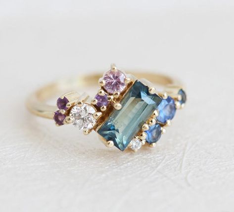 Rose Quartz Ring Engagement, Teal Sapphire Engagement Ring, Teal Sapphire Ring, Sapphire Cluster Ring, Quartz Engagement Ring, Ring Cluster, Multi Gemstone Ring, Teal Sapphire, Ring Sapphire