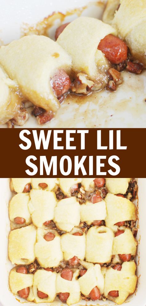 Sweet Lil Smokies are lil smokies wrapped in crescent rolls and baked in a honey pecan sauce. These are always the first thing gone from my parties! Smokies Wrapped In Crescent Rolls, Smokies Crescent Rolls, Lil Smokies Crescent Rolls, Lil Smokies, Pecan Sauce, Cocktail Sausages, Homemade Appetizer, Kids' Party Food, Meat Appetizers