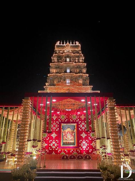 Temple Wedding Decor, Varanasi Wedding, Indian Temple Wedding, Durga Pandal, Devika Narain, Mandap Wedding, Vishnu Laxmi, Vidhi Mandap, Ganesh Decoration