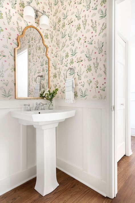 New England Powder Room, Small Powder Bathroom Ideas Pedestal Sink, Grand Millennial Powder Room, Half Bath With Pedestal Sink, Half Bath Pedestal Sink, Room With Board And Batten, Board And Batten Trim, Pedestal Sink Ideas, Powder Room Reno