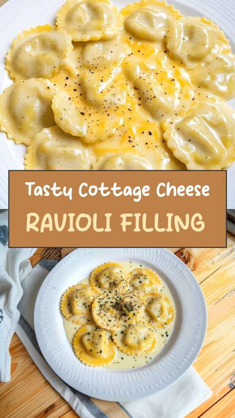 Looking for a creamy ravioli filling? Try this easy cottage cheese filling recipe! The smooth cottage cheese pairs perfectly with herbs and seasonings, creating a flavorful stuffing for homemade pasta. Impress your guests with this delicious cottage cheese ravioli filling!  Ingredients  Pasta Dough: 1 cup regular flour 1/2 tablespoon olive oil 1 large egg 1/2 teaspoon salt Water, as needed Semolina, as necessary  Cottage Cheese Filling: 2/3 cup grated cottage cheese or paneer 3 tablespoons parme Cottage Cheese Ravioli Filling, Ravioli Filling Recipe, Ravioli Dough Recipe, Homemade Ravioli Filling, Creamy Ravioli, Ravioli Recipe Homemade, Low Calorie Pancakes, Ravioli Dough, Ravioli Filling