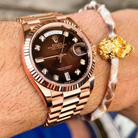 Rate this rose gold Rolex Day-Date with the chocolate dial 1-10! DM for price Billionaires Row, Gold Rolex, Rolex Day Date, Rolex Watches, Time Piece, Rolex, Rose Gold, Lifestyle, 10 Things