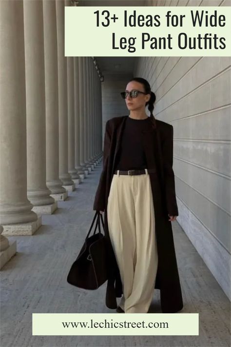 13+ Ideas for Wide Leg Pant Outfits. Wide leg pants are so chic for winter outfits or spring outfits. The trousers are an important part of the wide leg pants outfit. These trousers outfit are for casual outfits or work outfits. The trouser pants outfits works for all events. These trousers are timeless and part of a capsule wardrobe. #widelegpants #trousers #trousersoutfit #widelegpantsoutfits #widelegtrousersoutfits Wide Leg Stretch Pants, Long Cullotes Outfit, Outfits With Beige Trousers, Formal Slacks Outfit Classy, Halara Wide Leg Pants Outfit, Tailored Pants Outfit Winter, Cream Wide Leg Trousers Outfit, Wide Trousers Outfit Winter, Wide Leg Cream Pants Outfit