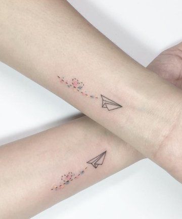 33 Best Friend Tattoos - Matching Tattoo Ideas for Your BFF Small Friendship Tattoos, Matching Friendship Tattoos, Paper Airplane Tattoos, Friend Tattoos Small, Matching Friend Tattoos, Matching Best Friend Tattoos, Matching Sister Tattoos, Bff Tattoos, Friendship Tattoos