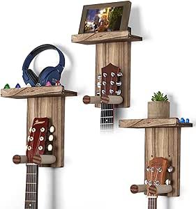 Keebofly Guitar Wall Mount,3 Pack Guitar Wall Hangers Guitar Stand Wall with Pick Holder Guitar Rack for Acoustic or Electric Guitars,Ukulele,Bass,Mandolin,Rustic Wood Brown,[Patented] Guitar Wall Stand, Guitar Stand Wall, Guitar Wall Holder, Guitar Mount, Guitar Wall Mount, Guitar Slides, Guitar Wall Hanger, Guitar Rack, Guitar Wall Art